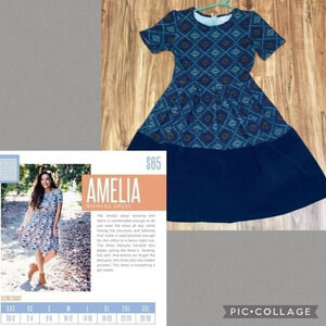 Lularoe women’s dress Medium 10 12 Amelia fit flare stretch pattern pockets blue
